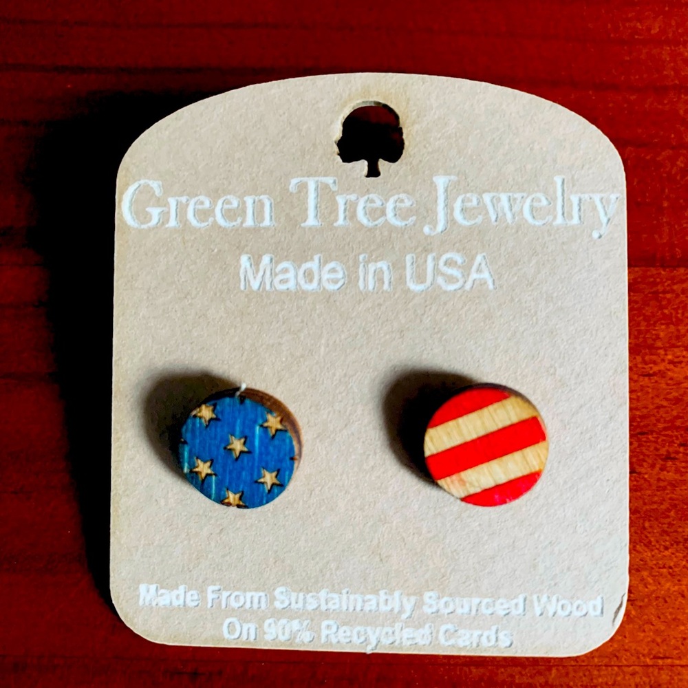 NWT Patriotic Stars & Stripes Pierced Earrings Made From Wood, 4 th of July Gift